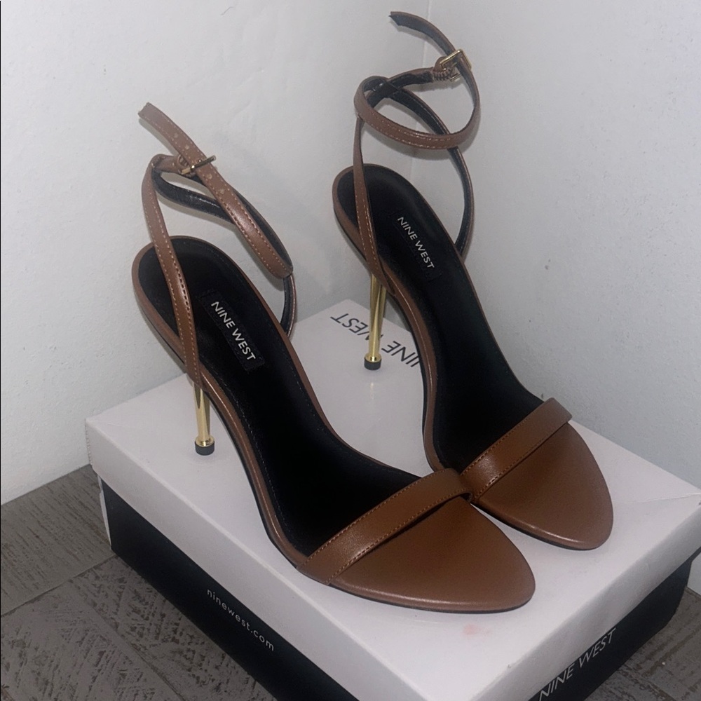 Nine West Brown Leather Ankle-Strap Heels with Gold Stiletto